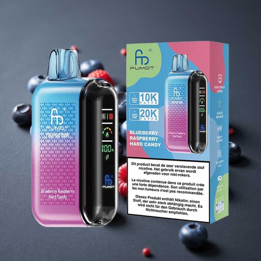 Fumot Tornado 20000 Puffs Blåbær Hindbær Hard Candy Dual Mesh Coil Smart Display