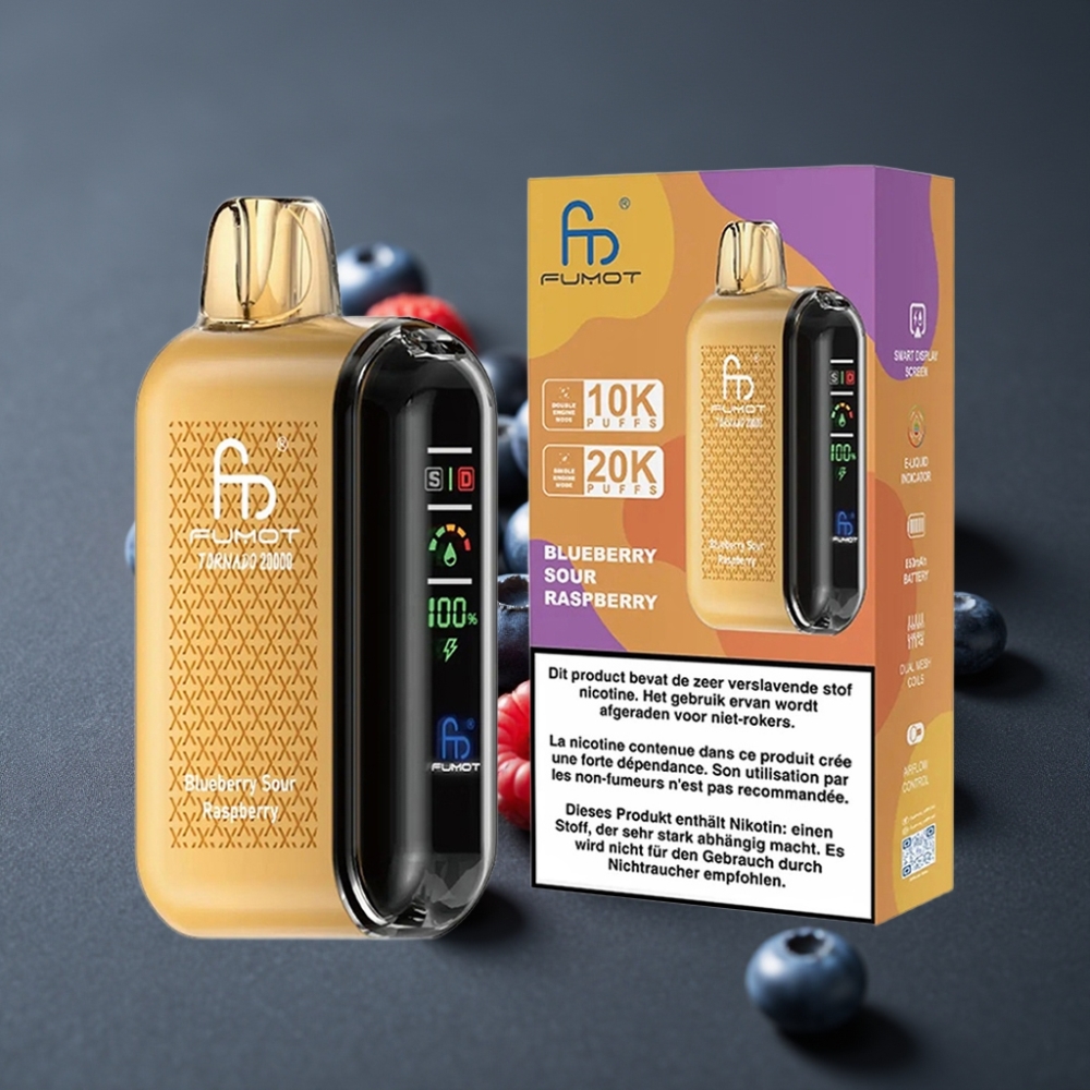 Fumot Tornado 20000 Puffs Blåbær Sur Hindbær Dual Mesh Coil 20ml 850mAh