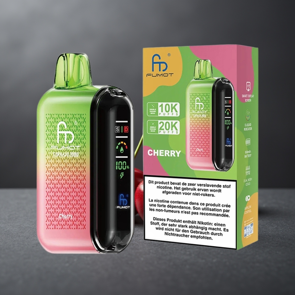 Fumot Tornado 20000 Puffs Kirsebær Dual Mesh Coil Smart Display Luftflowkontrol