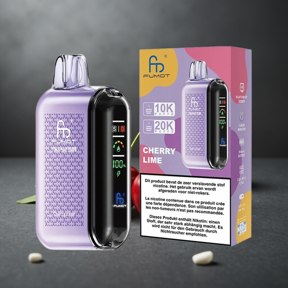 Fumot Tornado 20000 Puffs Kirsebær Lime Dual Mesh Coil Smart Display