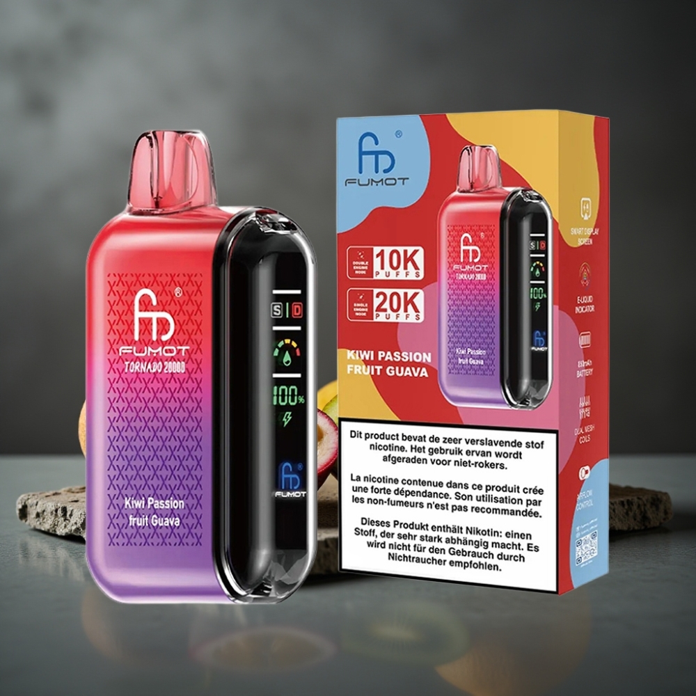 Fumot Tornado 20000 Puffs Kiwi Passionsfrugt Guava Dual Mesh Coil Smart Display