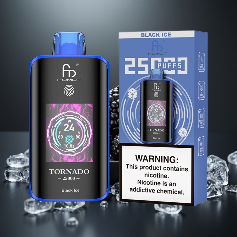 Fumot Tornado 25000 Puffs Sort Is HD Skærm Type-C Opladning 20ml