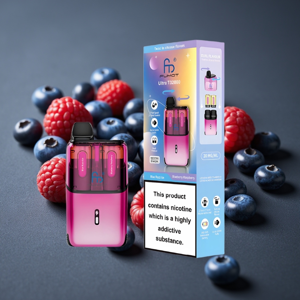 Fumot Ultra T32000 Engangs Vape med 32000 puff, Blå Hindbær Is (Blåbær & Hindbær), 800mAh, Type-C Opladning